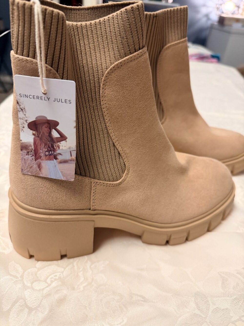 Women's Beige Faux Suede Lug Sole Chunky Platform Ankle Booties